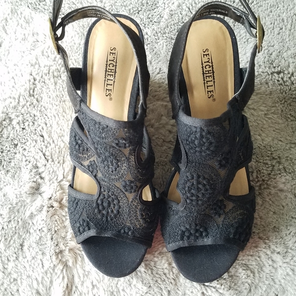 Seychelles Anthropologie Black Lace Wedges - Picture 2 of 7
